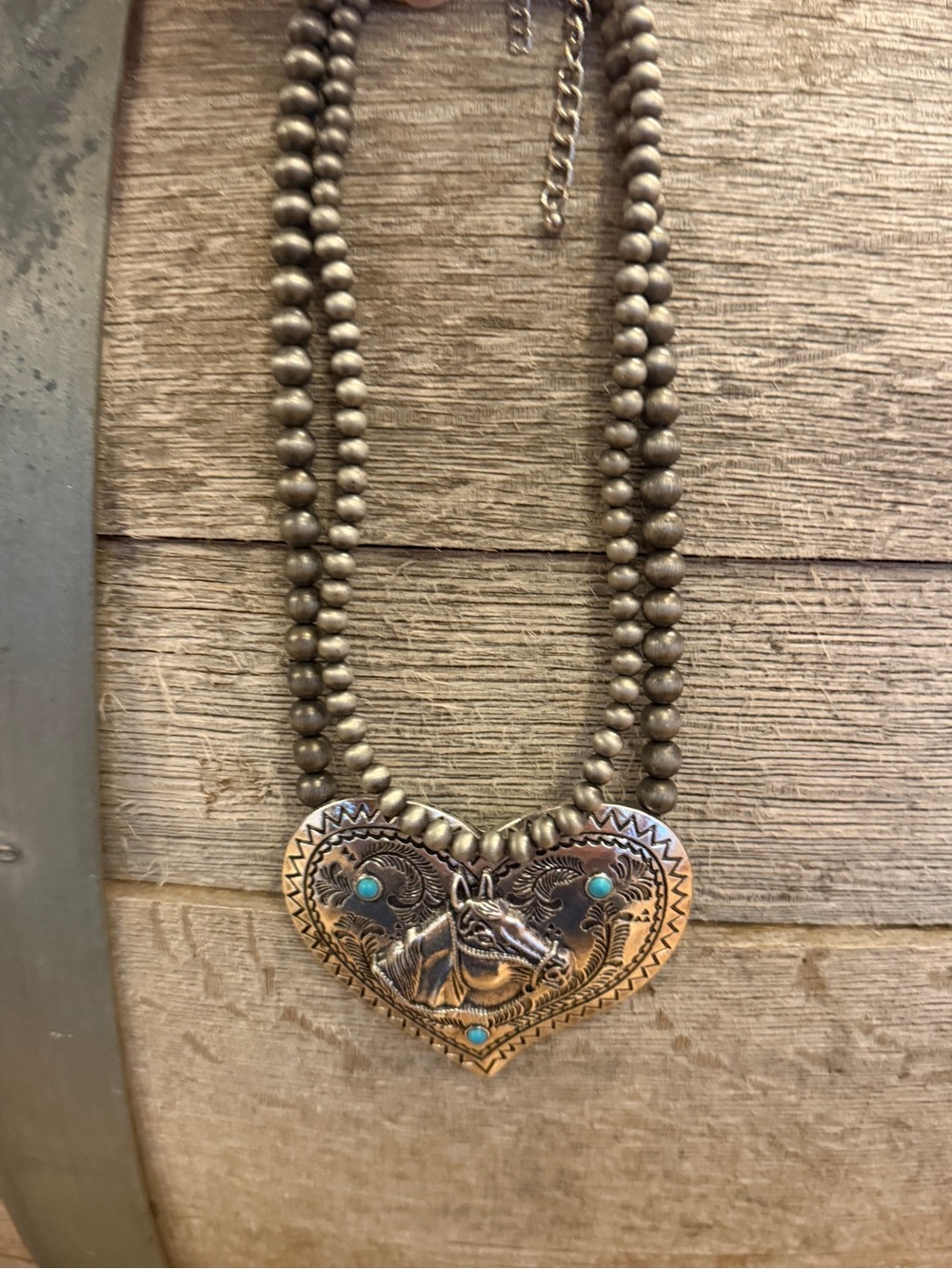 Silver-Tone Horse Heart Necklace with Turquoise Accents